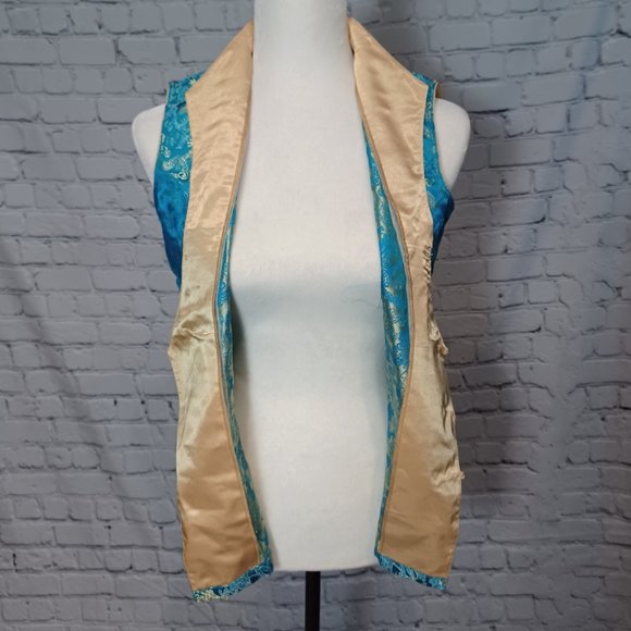 Dragon Brocade Turquoise & Gold Vietnamese Blouse Medium - Picture 8 of 10